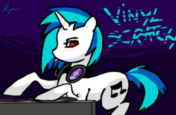 Size: 1126x733 | Tagged: safe, artist:xiiiprojectwingsxiii, dj pon-3, vinyl scratch, g4, blushing, female, looking at you, red eyes, solo