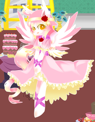 Size: 1697x2169 | Tagged: safe, artist:snow angel, oc, oc only, pony, bipedal, cake, clothes, dress, pixiv, solo