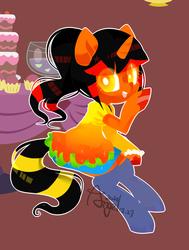 Size: 1017x1345 | Tagged: safe, artist:snow angel, oc, oc only, pony, bipedal, cake, clothes, dress, pixiv, solo