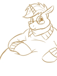 Size: 750x1000 | Tagged: safe, artist:bigponiesinc, trenderhoof, g4, bhm, clothes, fat, glasses, hoof on belly, lineart, male, monochrome, morbidly obese, obese, simple background, solo, sweater, tubbyhoof