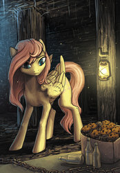 Size: 1024x1468 | Tagged: safe, artist:koviry, fluttershy, pegasus, pony, g4, bottle, cave, chains, fanfic art, female, folded wings, lantern, looking at something, looking down, mare, mine, muffin, solo, three quarter view, wings
