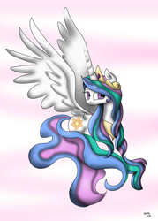 Size: 2500x3500 | Tagged: safe, artist:raquelyl, princess celestia, g4, female, high res, simple background, smiling, solo, spread wings