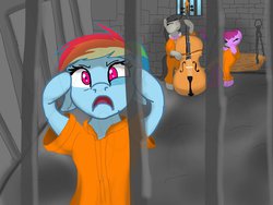 Size: 1024x768 | Tagged: safe, artist:yue-luv-art, berry punch, berryshine, octavia melody, rainbow dash, g4, cello, clothes, eye twitch, eyes closed, floppy ears, frown, harmonica, musical instrument, open mouth, prison, prison outfit, prisoner octavia, prisoner rd, sitting, wide eyes