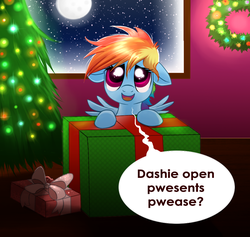 Size: 1035x982 | Tagged: safe, artist:confetticakez, rainbow dash, pegasus, pony, g4, baby talk, christmas, christmas tree, cute, dashabetes, dialogue, female, filly, filly rainbow dash, floppy ears, hnnng, indoors, looking at you, night, present, solo, speech bubble, tree