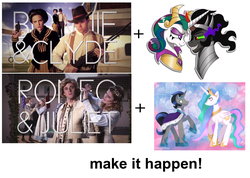 Size: 1012x721 | Tagged: safe, idw, king sombra, princess celestia, g4, reflections, spoiler:comic, bonnie and clyde, epic rap battles of history, evil celestia, evil counterpart, exploitable meme, female, good king sombra, make it happen, male, meme, mirror universe, romeo and juliet, ship:celestibra, shipping, straight