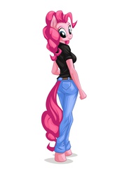 Size: 1061x1500 | Tagged: dead source, safe, artist:mysticalpha, pinkie pie, earth pony, anthro, unguligrade anthro, g4, clothes, cute, diapinkes, female, jeans, shirt, smiling, solo