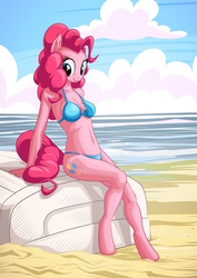 Size: 1061x1500 | Tagged: safe, artist:mysticalpha, pinkie pie, earth pony, anthro, unguligrade anthro, g4, beach, belly button, bikini, chest fluff, clothes, cute, diapinkes, female, looking at you, sitting, smiling, solo, swimsuit