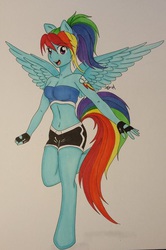 Size: 535x805 | Tagged: safe, artist:shyredd, rainbow dash, anthro, unguligrade anthro, g4, alternative cutie mark placement, clothes, fingerless gloves, gloves, human facial structure, sports shorts, tube top