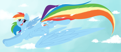 Size: 2302x1003 | Tagged: safe, artist:sheriiock, rainbow dash, g4, cloud, cloudy, female, flying, sky, solo, spread wings