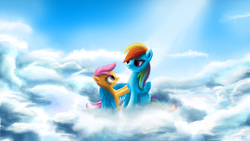 Size: 1920x1080 | Tagged: safe, artist:tttimon, rainbow dash, scootaloo, pegasus, pony, g4, cloud, cloudy, female, filly, foal, gritted teeth, hug, looking at each other, looking at someone, mare, on a cloud, scootalove, sky, smiling, teeth, winghug