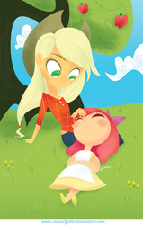 Size: 707x1110 | Tagged: safe, artist:ilianagatto, apple bloom, applejack, equestria girls, g4, boop, clothes, cute, dress, eyes closed, humanized, smiling, snuggling, sweet apple acres