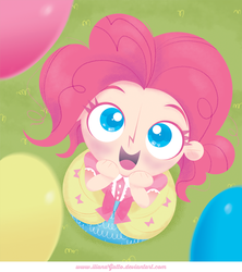 Size: 838x942 | Tagged: safe, artist:ilianagatto, pinkie pie, equestria girls, g4, balloon, clothes, dress, female, humanized, perspective, solo, younger