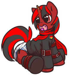 Size: 724x766 | Tagged: safe, artist:sylph-space, oc, oc only, oc:shadow star, pony, unicorn, diaper, germany, male, non-baby in diaper, pacifier, sitting, solo, stallion