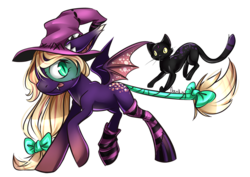 Size: 1000x707 | Tagged: safe, artist:moenkin, oc, oc only, oc:nekro, oc:stitchy, bat pony, cat, pony, bow, clothes, hat, simple background, socks, striped socks, tongue out, transparent background, witch