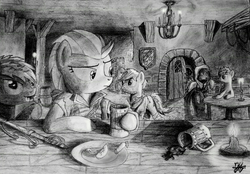 Size: 3041x2117 | Tagged: safe, artist:helmie-art, lightning dust, g4, high res, medieval, monochrome, tavern, traditional art