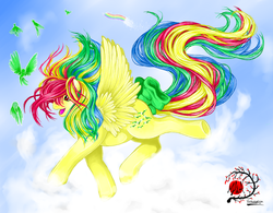 Size: 1356x1056 | Tagged: safe, artist:manasurge, skydancer, bird, pegasus, pony, g1, bow, cloud, female, flying, rainbow of light, solo, tail bow