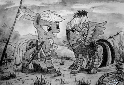 Size: 3271x2248 | Tagged: safe, artist:helmie-art, applejack, twilight sparkle, alicorn, pony, g4, armor, bandage, battlefield, chainmail, female, field, flag, helmet, high res, mare, medieval, monochrome, mouth hold, shield, sword, twilight sparkle (alicorn)