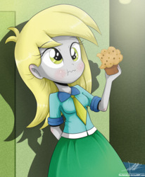 Size: 1784x2162 | Tagged: safe, artist:the-butch-x, derpy hooves, equestria girls, g4, background human, clothes, female, green skirt, muffin, necktie, signature, skirt, solo, wavy mouth
