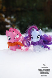 Size: 1024x1536 | Tagged: safe, artist:nickstarwind89, pinkie pie, rarity, g4, brushable, clothes, irl, photo, scarf, snow, toy