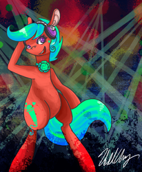 Size: 500x606 | Tagged: safe, artist:divinisity, songster, pony, g1, bipedal, female, headphones, solo