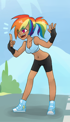 Size: 400x700 | Tagged: safe, artist:rikitikitavi-tyan, rainbow dash, human, g4, belly button, clothes, converse, dark skin, exercise, humanized, midriff, running, shoes, shorts, sneakers, sports bra