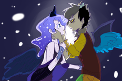 Size: 500x333 | Tagged: safe, artist:rikitikitavi-tyan, discord, princess luna, human, g4, female, humanized, male, ship:lunacord, shipping, straight