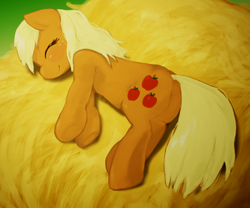 Size: 1200x1000 | Tagged: safe, artist:ushiro no kukan, applejack, g4, butt, female, hatless, hay, missing accessory, pixiv, plot, sleeping, solo