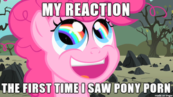 Size: 610x343 | Tagged: safe, edit, edited screencap, screencap, pinkie pie, g4, caption, image macro, implied clopping, meme, rainbow eyes, smiling