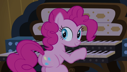Size: 690x388 | Tagged: safe, screencap, pinkie pie, earth pony, pony, castle mane-ia, g4, butt, female, mare, musical instrument, organ, organ to the outside, pipe organ, plot