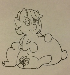 Size: 1191x1280 | Tagged: safe, artist:zacharyisaacs, oc, oc only, oc:attraction, pony, belly, fat, female, monochrome, solo, stuffed