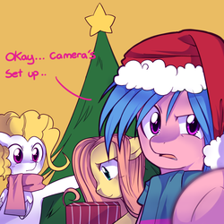 Size: 800x800 | Tagged: safe, artist:pekou, firefly, posey, surprise, ask fyrefly, g1, ask, christmas tree, clothes, hat, santa hat, scarf, tree, tumblr