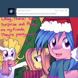 Size: 800x800 | Tagged: safe, artist:pekou, firefly, posey, surprise, ask fyrefly, g1, ask, christmas tree, clothes, hat, santa hat, scarf, tree, tumblr