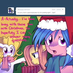 Size: 800x800 | Tagged: safe, artist:pekou, firefly, posey, surprise, ask fyrefly, g1, ask, christmas tree, clothes, hat, santa hat, scarf, tree, tumblr