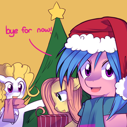 Size: 800x800 | Tagged: safe, artist:pekou, firefly, posey, surprise, ask fyrefly, g1, ask, christmas tree, clothes, hat, santa hat, scarf, tree, tumblr