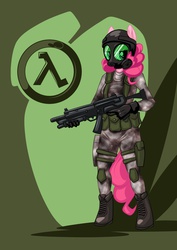 Size: 1061x1500 | Tagged: safe, artist:mysticalpha, pinkie pie, anthro, unguligrade anthro, g4, adrian shephard, crossover, female, gun, h.e.c.u., half-life, half-life: opposing force, looking at you, mp5, solo, submachinegun, trigger discipline, weapon