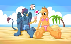 Size: 2560x1600 | Tagged: safe, artist:mysticalpha, applejack, oc, oc:jager, griffon, anthro, plantigrade anthro, unguligrade anthro, g4, beach, bikini, canon x oc, clothes, feet, female, heart, ice cream, male, palm tree, shipping, speedo, straight, swimsuit, topless, tree, underhoof