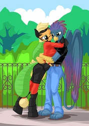 Size: 1061x1500 | Tagged: safe, artist:mysticalpha, applejack, mistress marevelous, oc, oc:jager, griffon, anthro, plantigrade anthro, unguligrade anthro, g4, canon x oc, clothes, female, hug, jeans, male, park, shipping, straight, t-shirt