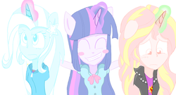 Size: 922x497 | Tagged: safe, artist:contny, sunset shimmer, trixie, twilight sparkle, human, g4, counterparts, horn, horned humanization, humanized, magical trio, twilight sparkle (alicorn), twilight's counterparts
