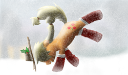 Size: 1280x757 | Tagged: safe, artist:everypone, applejack, g4, bucking, clothes, female, holly, kicking, snow, snowfall, socks, solo, winter