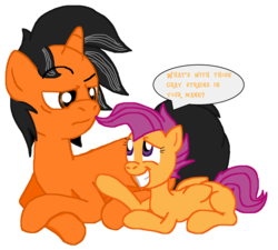 Size: 2012x1808 | Tagged: safe, artist:tagman007, scootaloo, oc, earth pony, pegasus, pony, g4, annoyed, awkward, duo, female, filly, grey hair, looking right, smiling