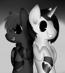 Size: 1792x2000 | Tagged: safe, artist:coltbainscratchorn, artist:wave-realm, oc, oc only, oc:coltbain scratchorn, black and white, friendship, grayscale