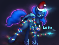 Size: 3050x2347 | Tagged: safe, artist:oneofyouare, princess luna, g4, christmas lights, female, hat, high res, magic, santa hat, solo