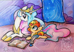 Size: 3232x2301 | Tagged: safe, artist:psychoon, princess celestia, sunset shimmer, alicorn, pony, unicorn, acrylic painting, book, colored pencil drawing, cute, eye contact, female, filly, filly sunset shimmer, hoof shoes, jewelry, looking at each other, mare, markers, mixed media, open mouth, peytral, prone, quill, regalia, shimmerbetes, smiling, traditional art, younger