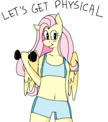 Size: 643x724 | Tagged: safe, fluttershy, anthro, g4, belly button, blushing, clothes, female, midriff, solo, sports bra, weight lifting, workout outfit