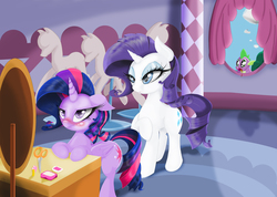 Size: 3840x2736 | Tagged: safe, artist:falco9998, rainbow dash, rarity, spike, twilight sparkle, alicorn, pony, g4, alternate hairstyle, blood, blushing, carousel boutique, eyeshadow, female, high res, makeup, mare, nosebleed, rarity hair, scissors, twilight sparkle (alicorn), twilight sparkle is not amused, unamused