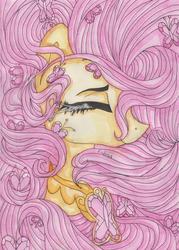 Size: 716x1000 | Tagged: safe, artist:rinioshi, fluttershy, g4, element of kindness, eyes closed, female, long mane, solo, traditional art