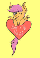 Size: 580x845 | Tagged: safe, artist:confetticakez, scootaloo, pegasus, pony, g4, ear fluff, female, filly, foal, heart, looking at you, notice me senpai, one eye closed, senpai, simple background, smiling, smiling at you, solo, spread wings, tongue out, wings, wink, winking at you, yellow background