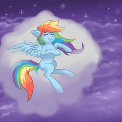 Size: 1200x1200 | Tagged: safe, artist:confetticakez, rainbow dash, pegasus, pony, g4, blank flank, cloud, cloudy, eyes closed, female, night, on a cloud, one wing out, sky, sleeping, smiling, solo, stars, wings