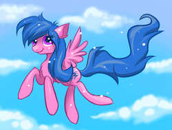 Size: 1033x783 | Tagged: safe, artist:confetticakez, firefly, pegasus, pony, g1, g4, female, flying, g1 to g4, generation leap, looking at you, mare, sky, sky background, smiling, smiling at you, solo