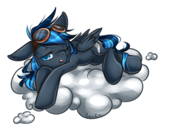 Size: 900x722 | Tagged: safe, artist:moenkin, oc, oc only, oc:eternal feather, cloud, goggles, simple background, sleeping, solo, transparent background, wink